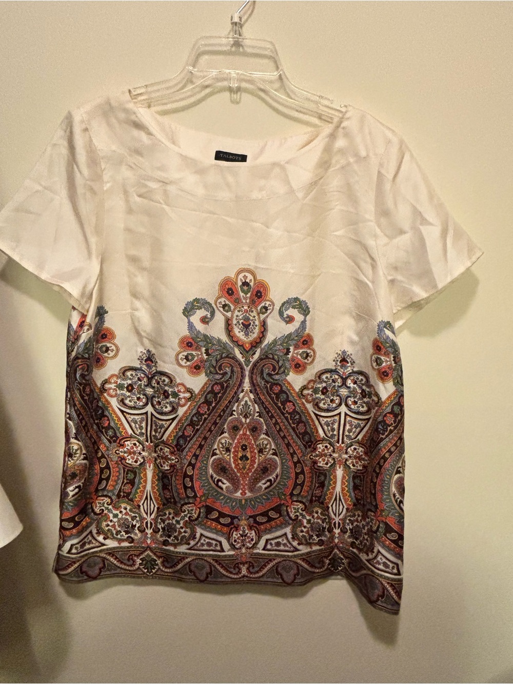 Talbots White Paisley-Print Short Sleeve Silk Tee